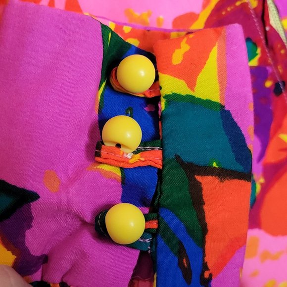 Neon Mod Mini Dress Handmade Bright Floral Long Sleeves Size Small Med Vintage - Picture 8 of 9